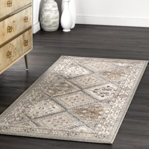 nuloom 2x10 becca traditional tiled area rug, taupe, faded transitional design, stain resistant, for bedroom, dining room, living room, hallway, office, kitchen, entryway