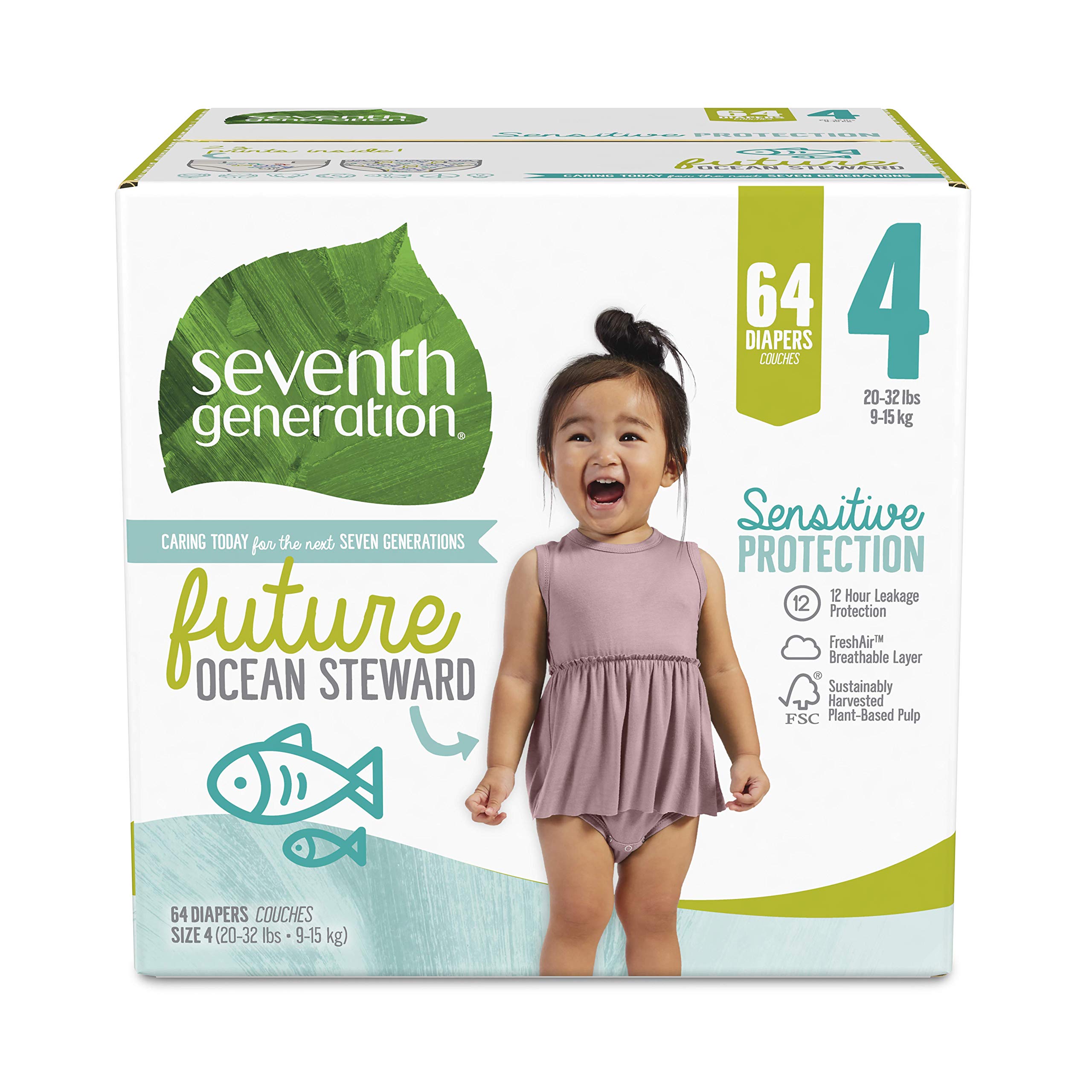 Seventh Generation Baby Diapers, Sensitive Protection, Size 4, 64 count