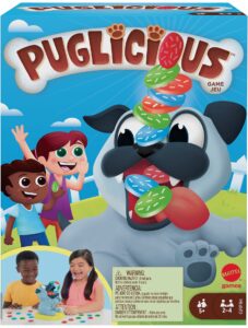 mattel games puglicious kids game, dog treat-stacking challenge with hungry puppy, for kids 5 years & older