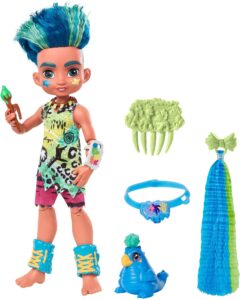 mattel cave club slate doll (8-10-inch, blue hair) poseable prehistoric fashion doll with dinosaur pet and accessories, gift for 4 year olds and up