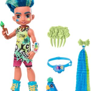 Mattel Cave Club Slate Doll (8-10-inch, Blue Hair) Poseable Prehistoric Fashion Doll with Dinosaur Pet and Accessories, Gift for 4 Year Olds and Up