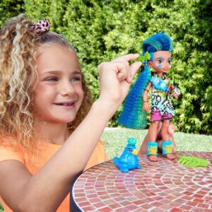 Mattel Cave Club Slate Doll (8-10-inch, Blue Hair) Poseable Prehistoric Fashion Doll with Dinosaur Pet and Accessories, Gift for 4 Year Olds and Up