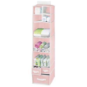 mdesign fabric hanging organizer - over closet rod storage - 7 shelves/3 removable drawers for baby nursery or bedroom organization, holds clothes, toys, accessories, jane collection, pink/white