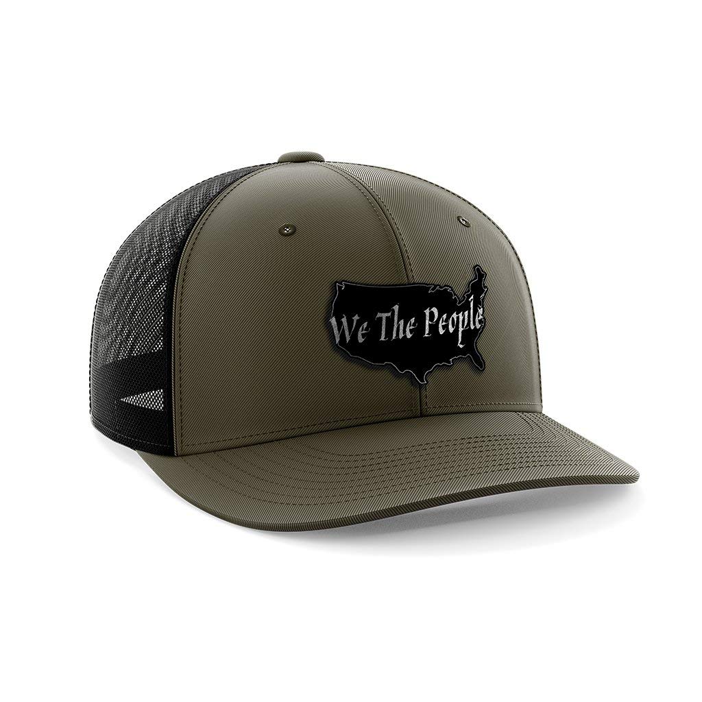 We The People USA Black Leather Patch Hat (od Green/Black) - Adjustable Trucker Hats with Snapback