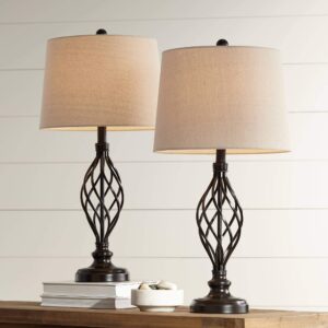 franklin iron works annie modern industrial table lamps 28" tall set of 2 with dimmers bronze iron cream tapered drum shade for bedroom living room house home bedside nightstand office entryway