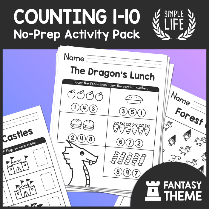 Practice Counting Worksheets – Count Numbers up to 10 – NO PREP Activity Pack – Fantasy Theme!