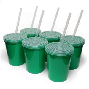 rolling sands 16 oz. reusable plastic stadium cups with lids, 6 pack, usa made plastic tumblers and lids, includes 6 reusable straws; dishwasher safe, green