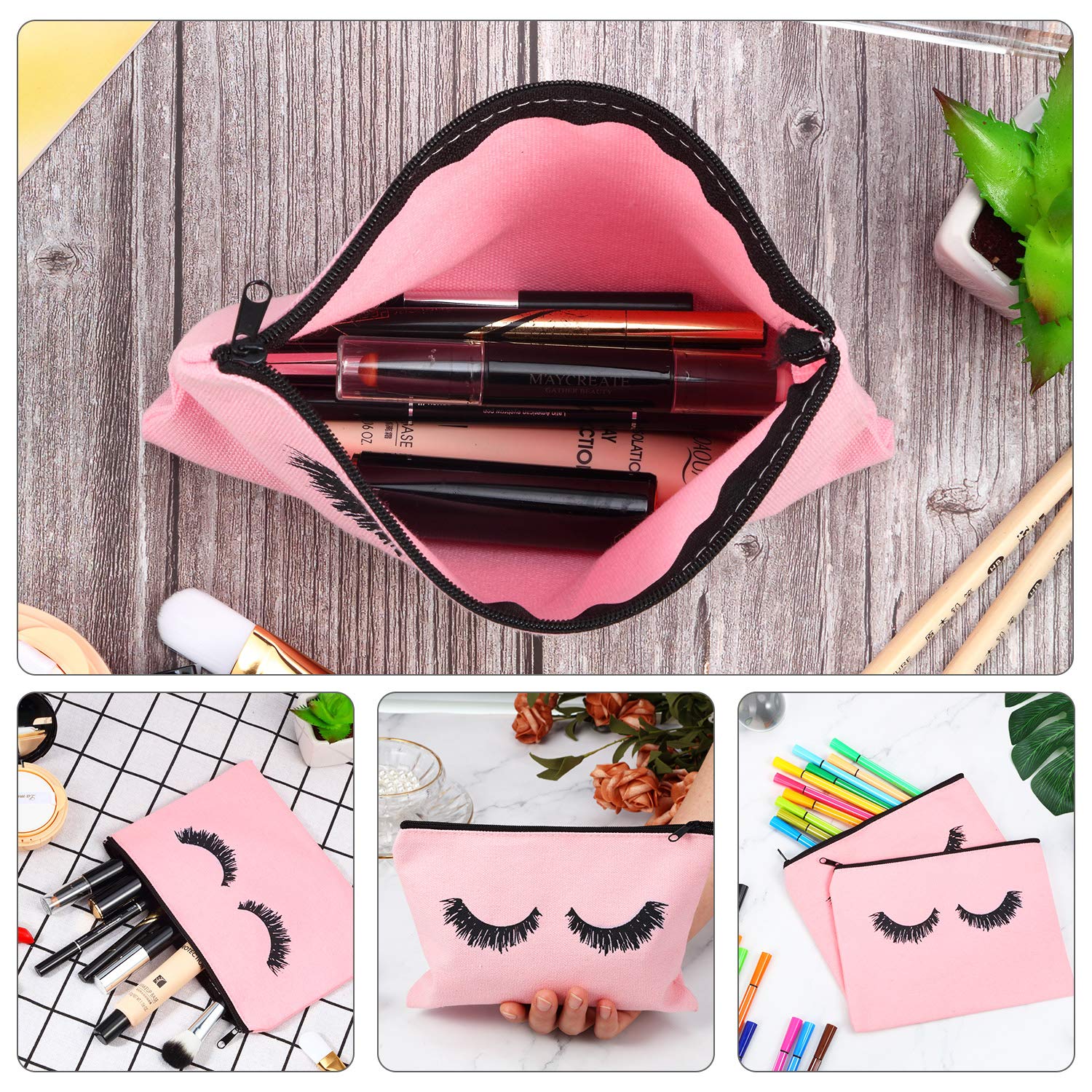 18 Pieces Eyelash Cosmetic Bags Canvas Lash Makeup Bag Travel Make up Pouches Toiletry Bag with Zipper for Women and girls (M, Pink)