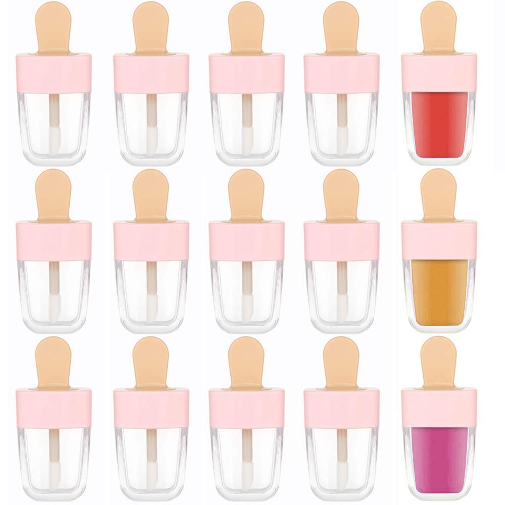 RONRONS Lip Gloss Tubes, 15 Pieces Pink Ice-cream Shaped Empty Lip Gloss Containers Cute Mini Lipgloss Tubes with Wand for DIY Cosmetic Sample Bottles, 8ml