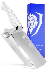 dalstrong nakiri knife - 6.5 inch - frost fire series - high chromium 10cr15mov stainless steel vegetable knife - frosted sandblast finish - white honeycomb handle - leather sheath - nsf certified