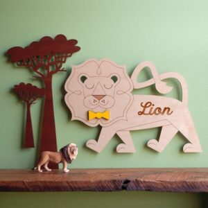 Lion Nursery Room Sign Personalized Name Wooden Animal Wall Hanging Handmade Baby Gift