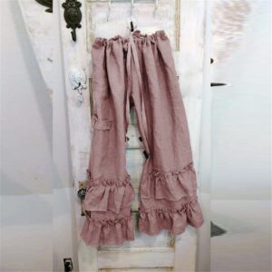 Womens Casual Ruffled Loose Pocket Pants Plus Size Cotton Linen Folds Pants Wide Leg Solid Color Hem Elastic Waisted Trousers (Pink,Large)