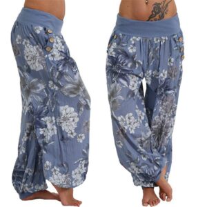 Andongnywell Women Print Wide Harem Pants Hippie Boho Loose Pocket Button Harem Pants High Waist Baggy Beach Pants (Blue,Small)