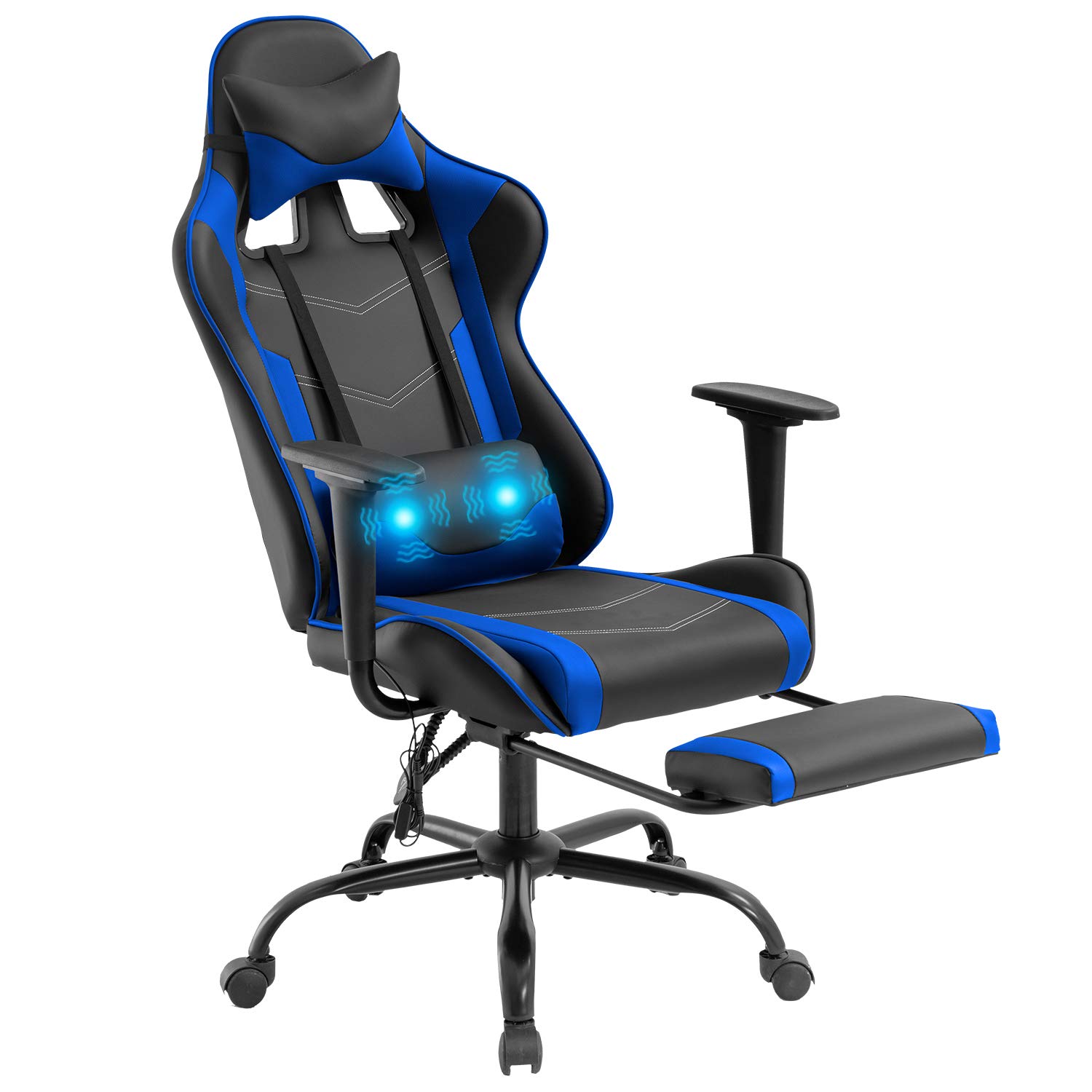 Gaming Chair Office Chair Desk Chair Massage PU Leather Recliner Racing Chair with Headrest Armrest Footrest Rolling Swivel Task PC Ergonomic Computer Chair for Back Support, Blue