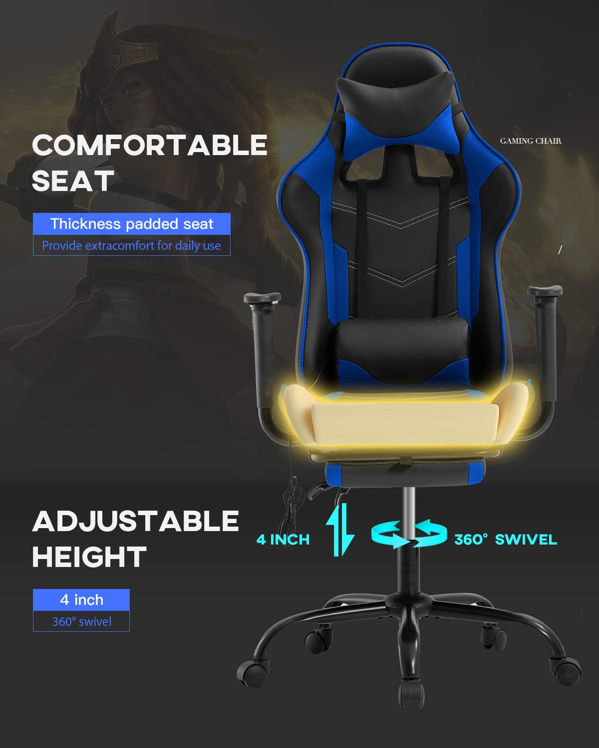 Gaming Chair Office Chair Desk Chair Massage PU Leather Recliner Racing Chair with Headrest Armrest Footrest Rolling Swivel Task PC Ergonomic Computer Chair for Back Support, Blue