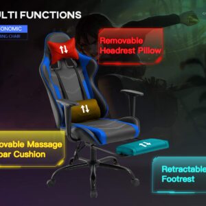 Gaming Chair Office Chair Desk Chair Massage PU Leather Recliner Racing Chair with Headrest Armrest Footrest Rolling Swivel Task PC Ergonomic Computer Chair for Back Support, Blue