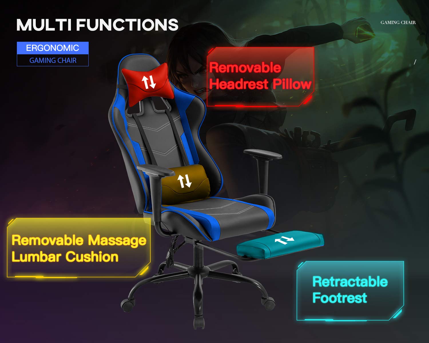 Gaming Chair Office Chair Desk Chair Massage PU Leather Recliner Racing Chair with Headrest Armrest Footrest Rolling Swivel Task PC Ergonomic Computer Chair for Back Support, Blue