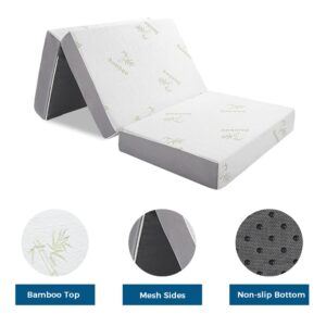 Inofia Folding Mattress, Memory Foam Tri-fold Mattress with Ultra Soft Bamboo Cover, Non-Slip Bottom & Breathable Mesh Sides - Twin 4-Inch, Mattress Topper