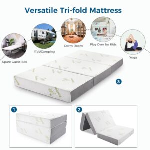 Inofia Folding Mattress, Memory Foam Tri-fold Mattress with Ultra Soft Bamboo Cover, Non-Slip Bottom & Breathable Mesh Sides - Twin 4-Inch, Mattress Topper