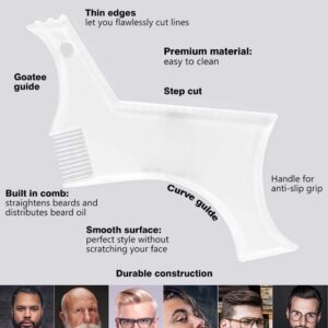 Men's Beard Shaping Tool With Inbuilt Comb Transparent Template Styling Comb Templates for Goatee Mustache Sideburns, Jaw Cheek/Neck Line, Symmetric/Curve/Step Cut (Clear)