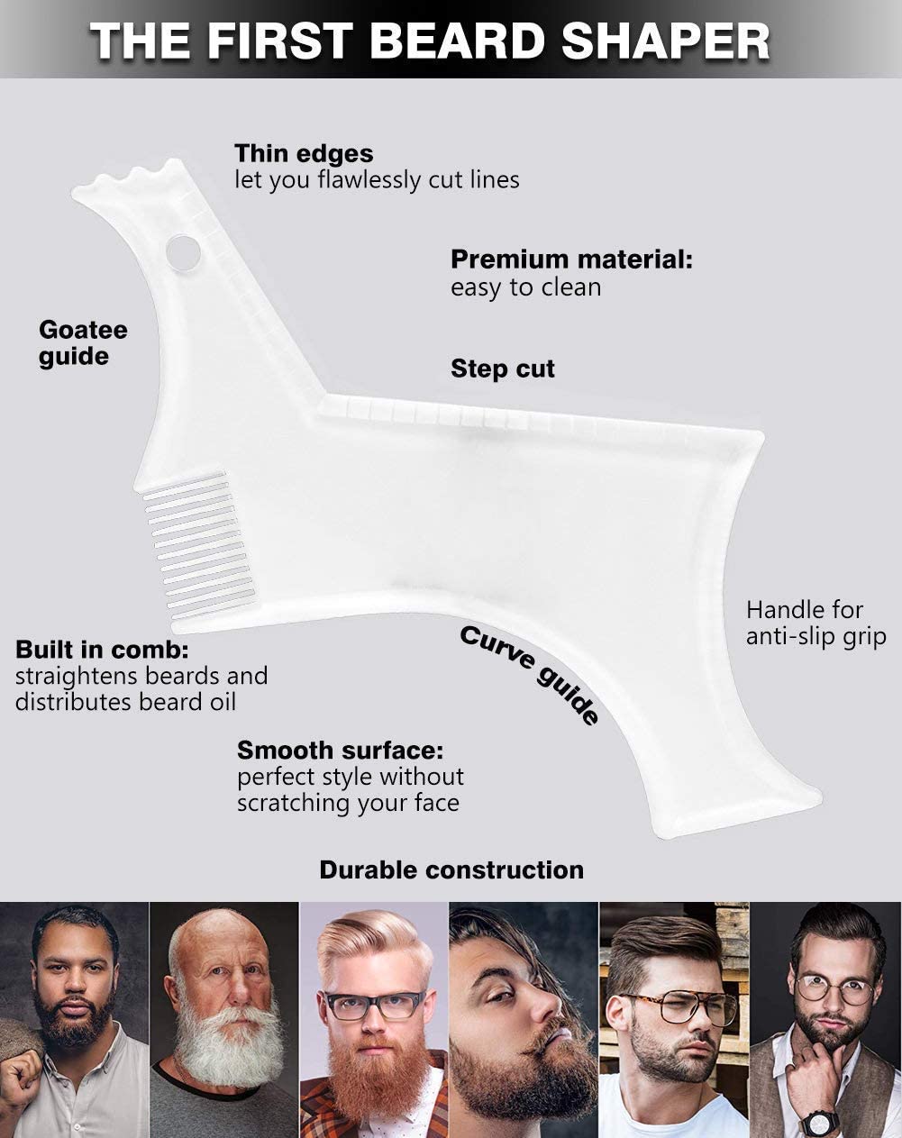 Men's Beard Shaping Tool With Inbuilt Comb Transparent Template Styling Comb Templates for Goatee Mustache Sideburns, Jaw Cheek/Neck Line, Symmetric/Curve/Step Cut (Clear)