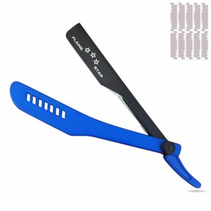 royal blue black straight edge barber razor, durable plastic handle slide out razor for men with 10 blades by "flame star''