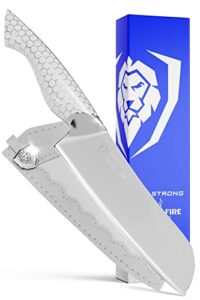 dalstrong santoku knife - 7 inch - frost fire series - high chromium 10cr15mov stainless steel - frosted sandblast finish - white honeycomb handle kitchen knife - leather sheath - nsf certified