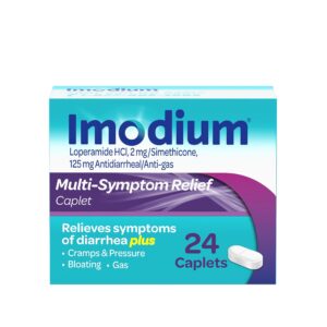 imodium multi-symptom relief caplets with loperamide hydrochloride and simethicone, anti-diarrheal medicine for treatment of diarrhea, gas, bloating, cramps & pressure, 24 ct.