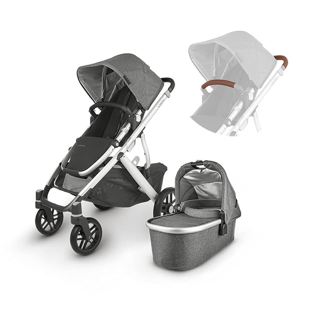 UPPAbaby Vista V2 Stroller - Jordan (Charcoal Melange/Silver/Black Leather) + Leather Handlebar Covers for Vista, V2 - Saddle + Leather Bumper bar Cover for Vista, V2, Cruz, V2 - Saddle