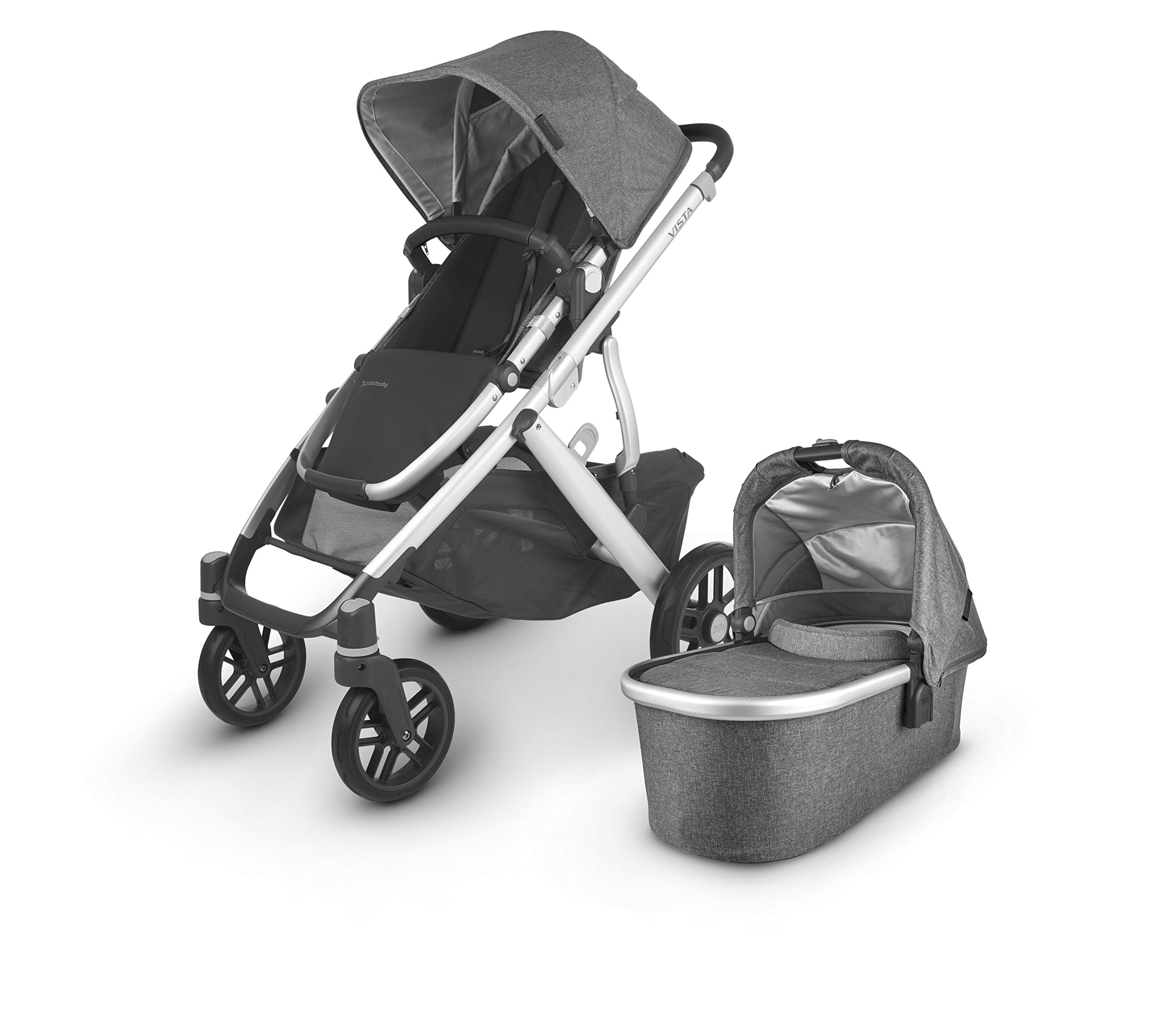 UPPAbaby Vista V2 Stroller - Jordan (Charcoal Melange/Silver/Black Leather) + Leather Handlebar Covers for Vista, V2 - Saddle + Leather Bumper bar Cover for Vista, V2, Cruz, V2 - Saddle