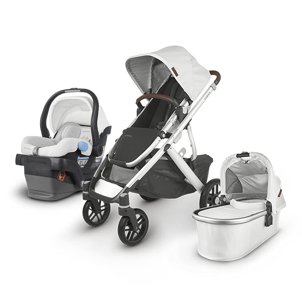 UPPAbaby Vista V2 Stroller - Bryce (White Marl/Silver/Chestnut Leather) + Mesa Infant Car Seat - Bryce (White Marl)