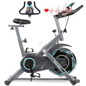 funmily indoor exercise bike stationary, cycling bike-belt drive with heart rate monitor & lcd monitor, comfortable seat cushion, flywheel- commercial standard for home cardio workout (silver)