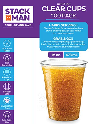 Crystal Clear Disposable Plastic Cups PET [100 Pack - 16 oz.]