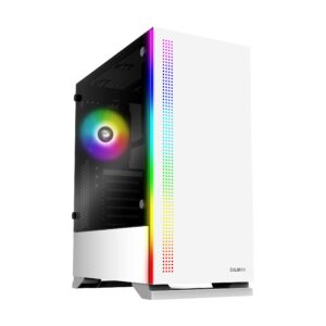 zalman s5 atx mid-tower gaming pc case, 2 x 120mm fans included (1x rgb), thick 4mm tempered glass side panel, aio water cooler bracket, front panel rgb strip (white)
