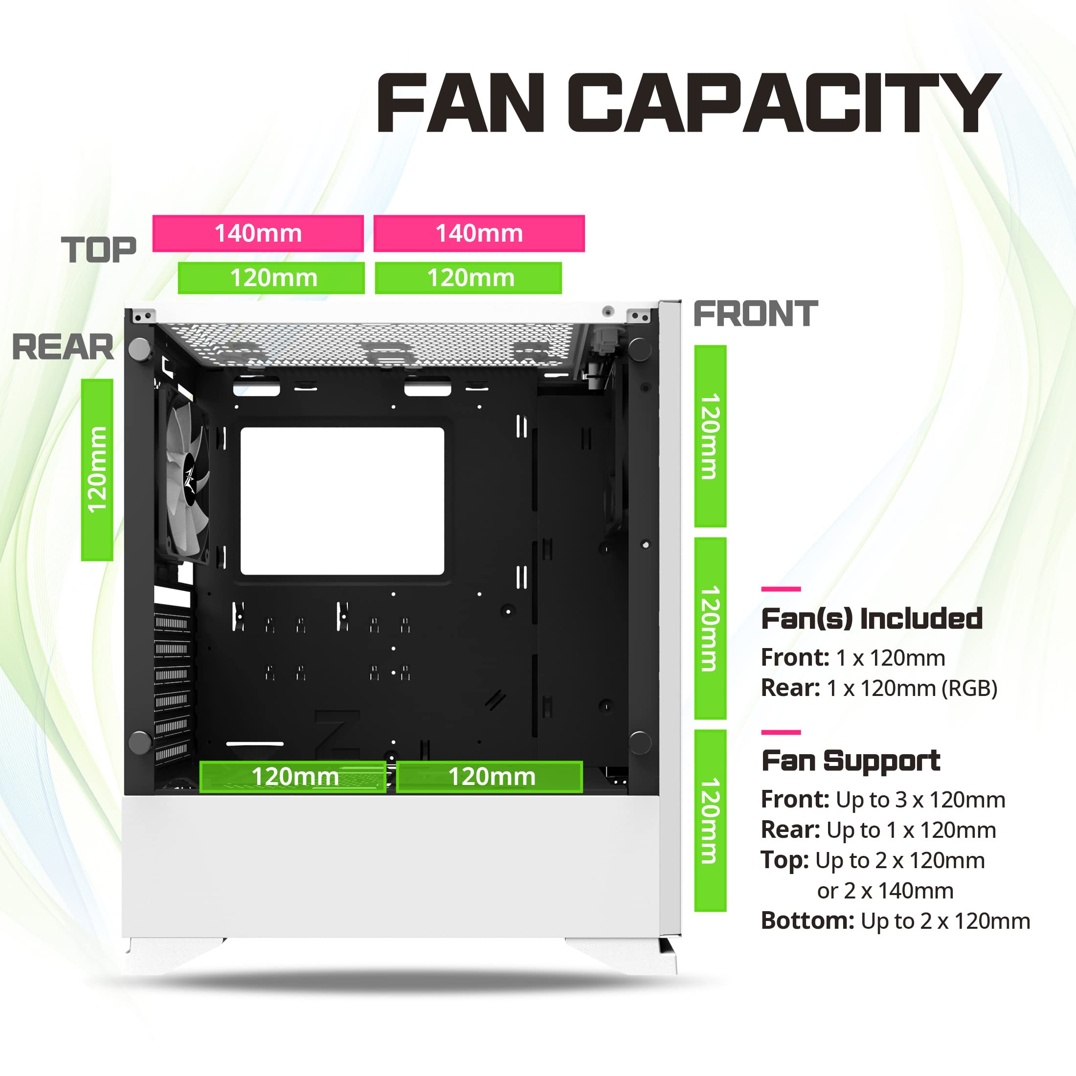 Zalman S5 ATX Mid-Tower Gaming PC Case, 2 x 120mm Fans Included (1x RGB), Thick 4mm Tempered Glass Side Panel, AIO Water Cooler Bracket, Front Panel RGB Strip (White)