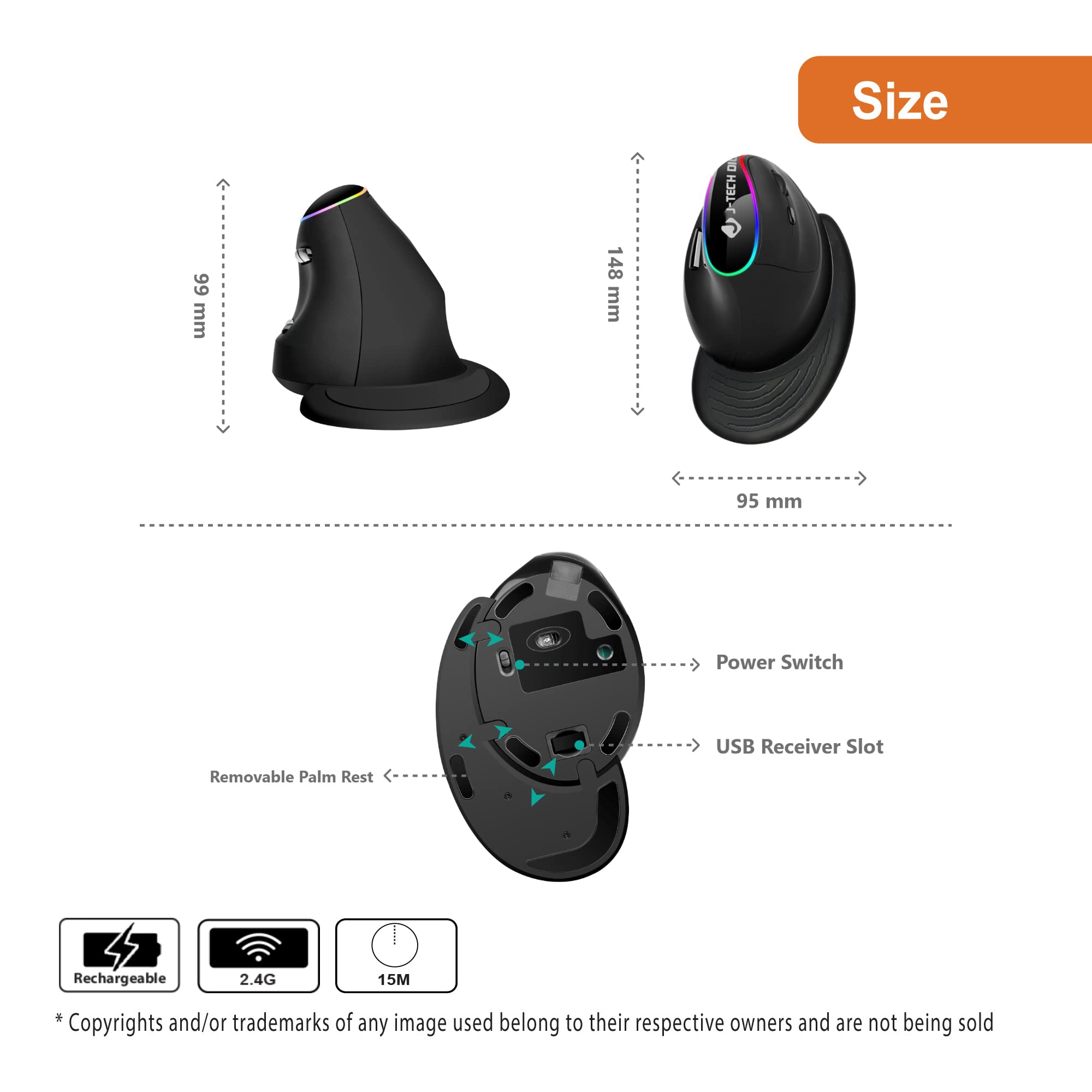 J-Tech Digital Ergonomic Mouse with Wireless Connection, Removable Palm Rest, Thumb Buttons, Rechargeable Battery, 800 DPI, Compatible with Windows and MAC OS