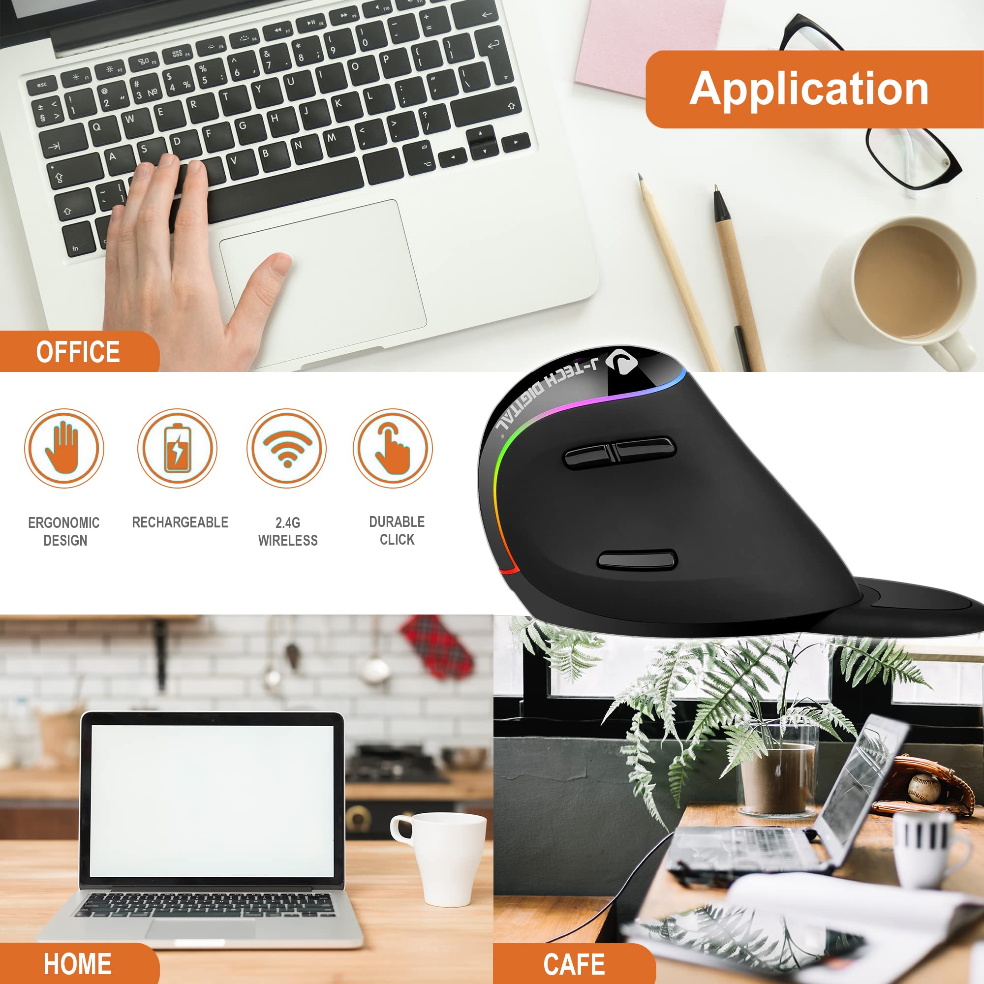 J-Tech Digital Ergonomic Mouse with Wireless Connection, Removable Palm Rest, Thumb Buttons, Rechargeable Battery, 800 DPI, Compatible with Windows and MAC OS