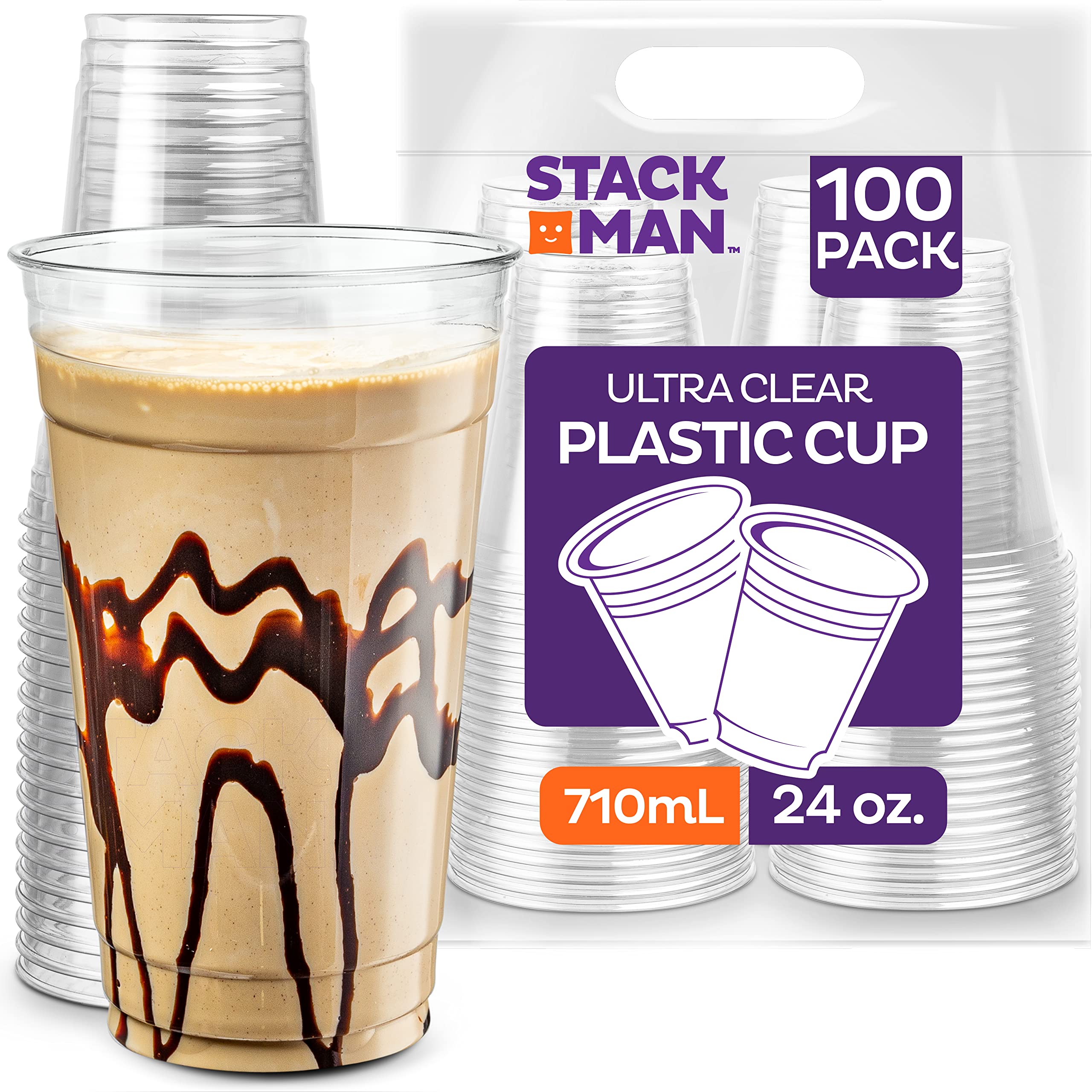 Stack Man [100 Pack - 24 oz.] Clear Disposable Plastic Cups PET Crystal Clear Disposable 24oz Plastic Cups