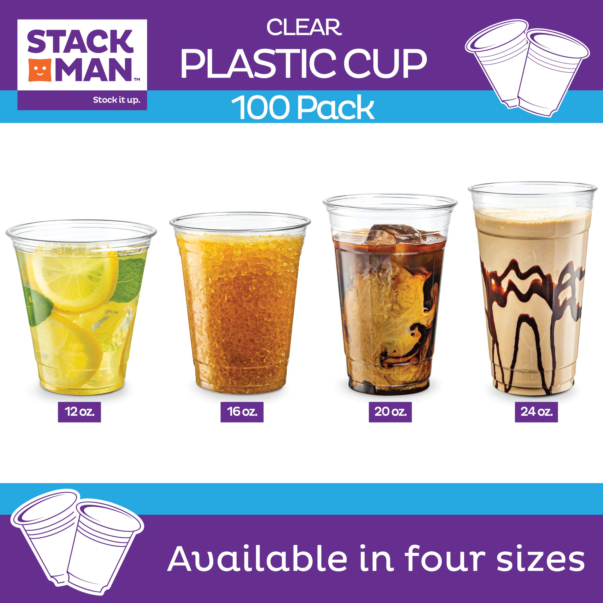 Stack Man [100 Pack - 24 oz.] Clear Disposable Plastic Cups PET Crystal Clear Disposable 24oz Plastic Cups