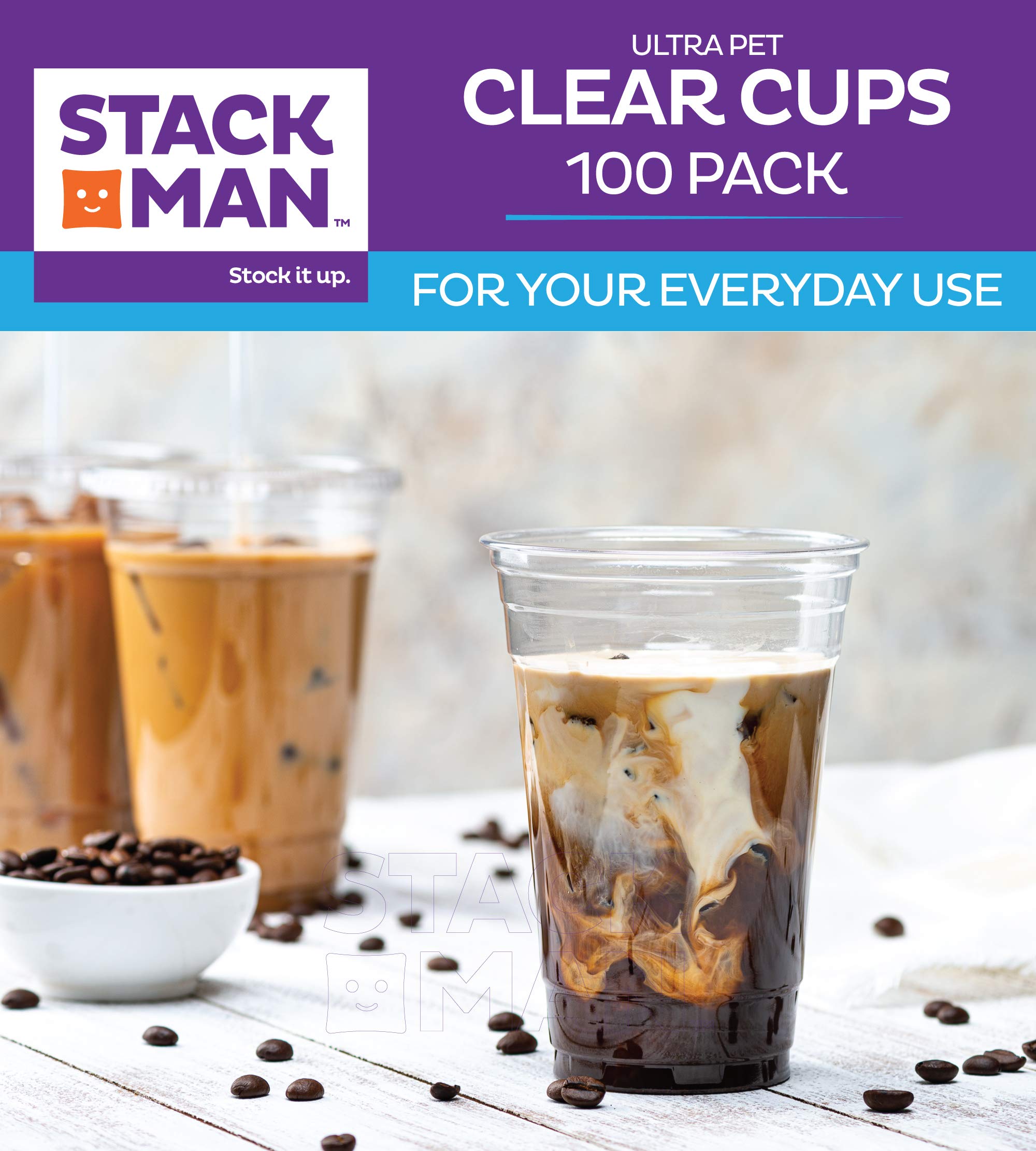 Stack Man [100 Pack - 24 oz.] Clear Disposable Plastic Cups PET Crystal Clear Disposable 24oz Plastic Cups