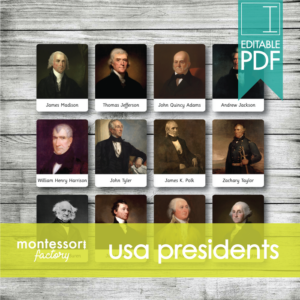 united states presidents • montessori cards • flash cards • three part cards • nomenclature cards • educational material • montessori printable • editable pdf