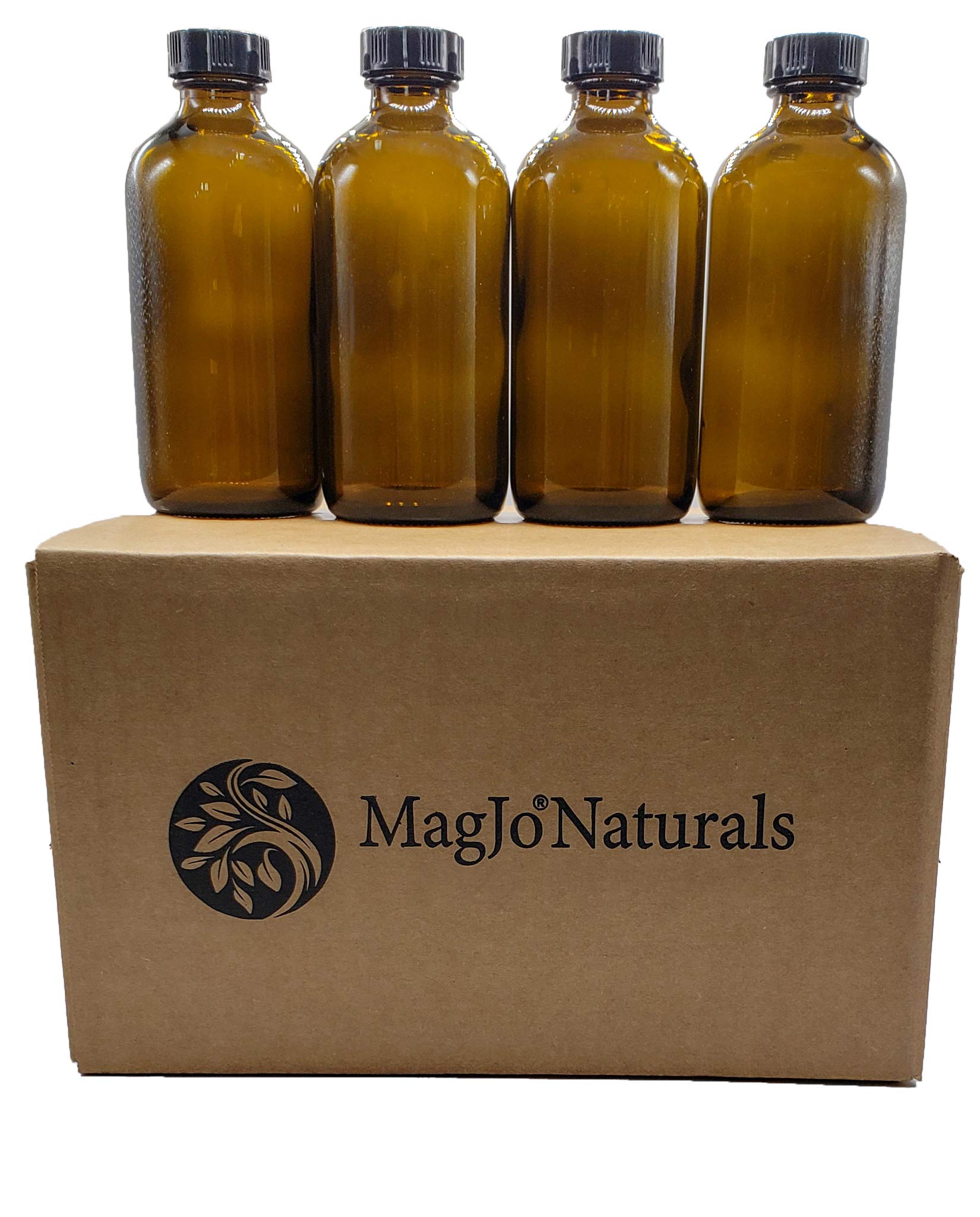 MagJo Naturals, Boston Round Glass Bottles with caps (8 Ounce Amber 6 Pack) 8 oz glass bottles with lids, amber brown glass bottles, packaged in the USA