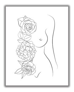 woman’s body with flowers line art - 11x14 unframed abstract minimalist decor wall print in black on white.