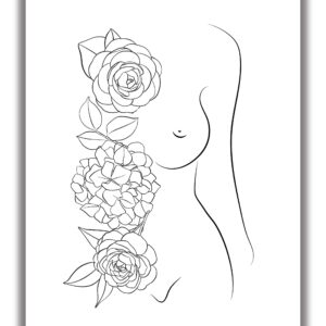 Woman’s Body with Flowers Line Art - 11x14 UNFRAMED Abstract Minimalist Decor Wall Print in Black on White.