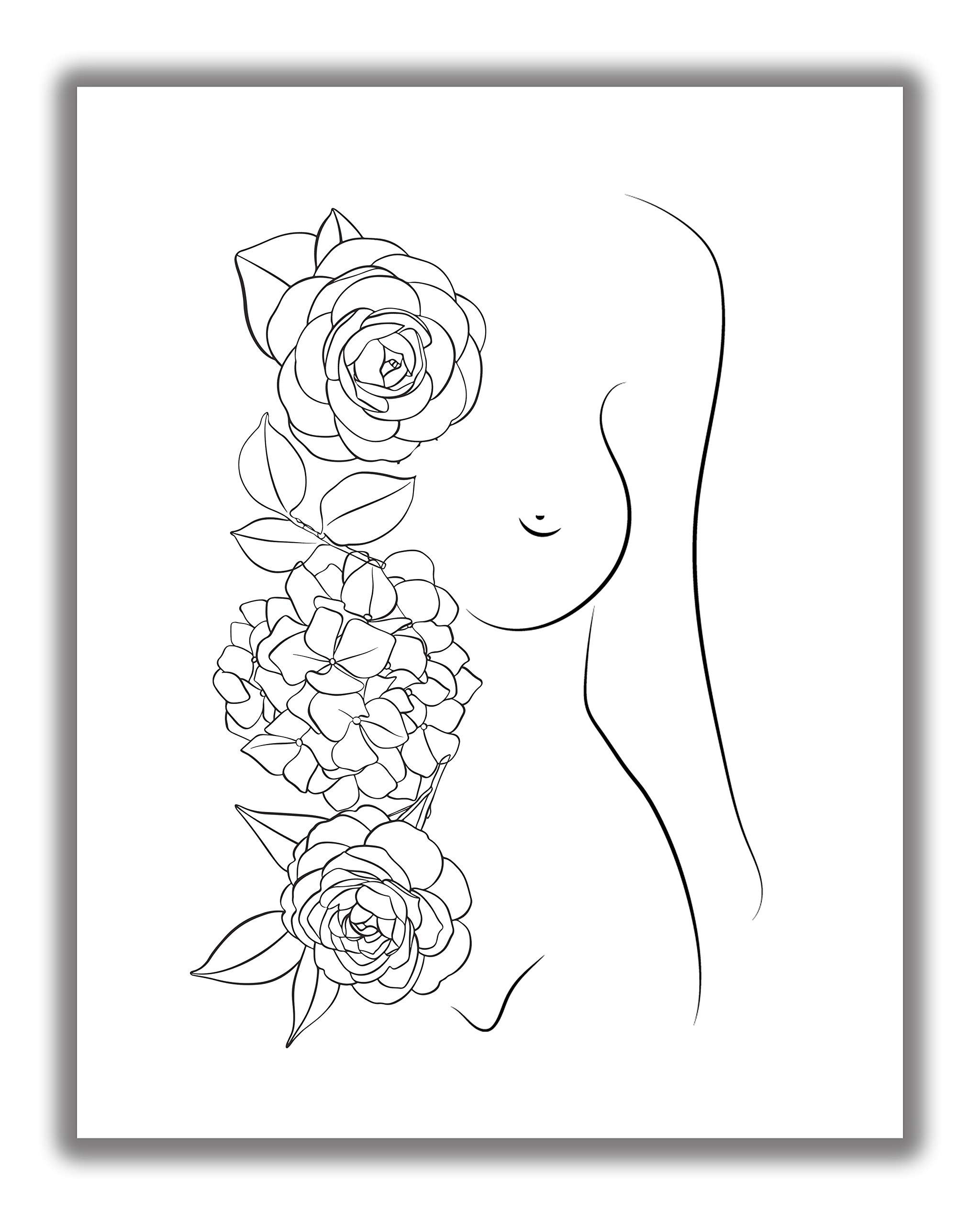 Woman’s Body with Flowers Line Art - 11x14 UNFRAMED Abstract Minimalist Decor Wall Print in Black on White.