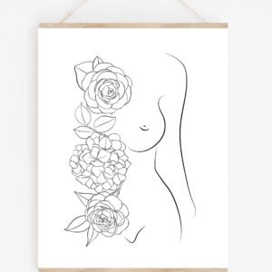 Woman’s Body with Flowers Line Art - 11x14 UNFRAMED Abstract Minimalist Decor Wall Print in Black on White.