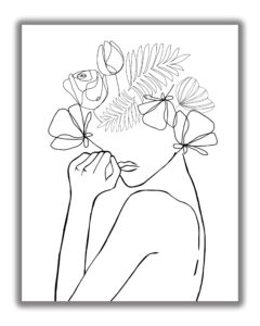 woman with flowers on head line art - 11x14 unframed abstract minimalist decor wall print in black on white.