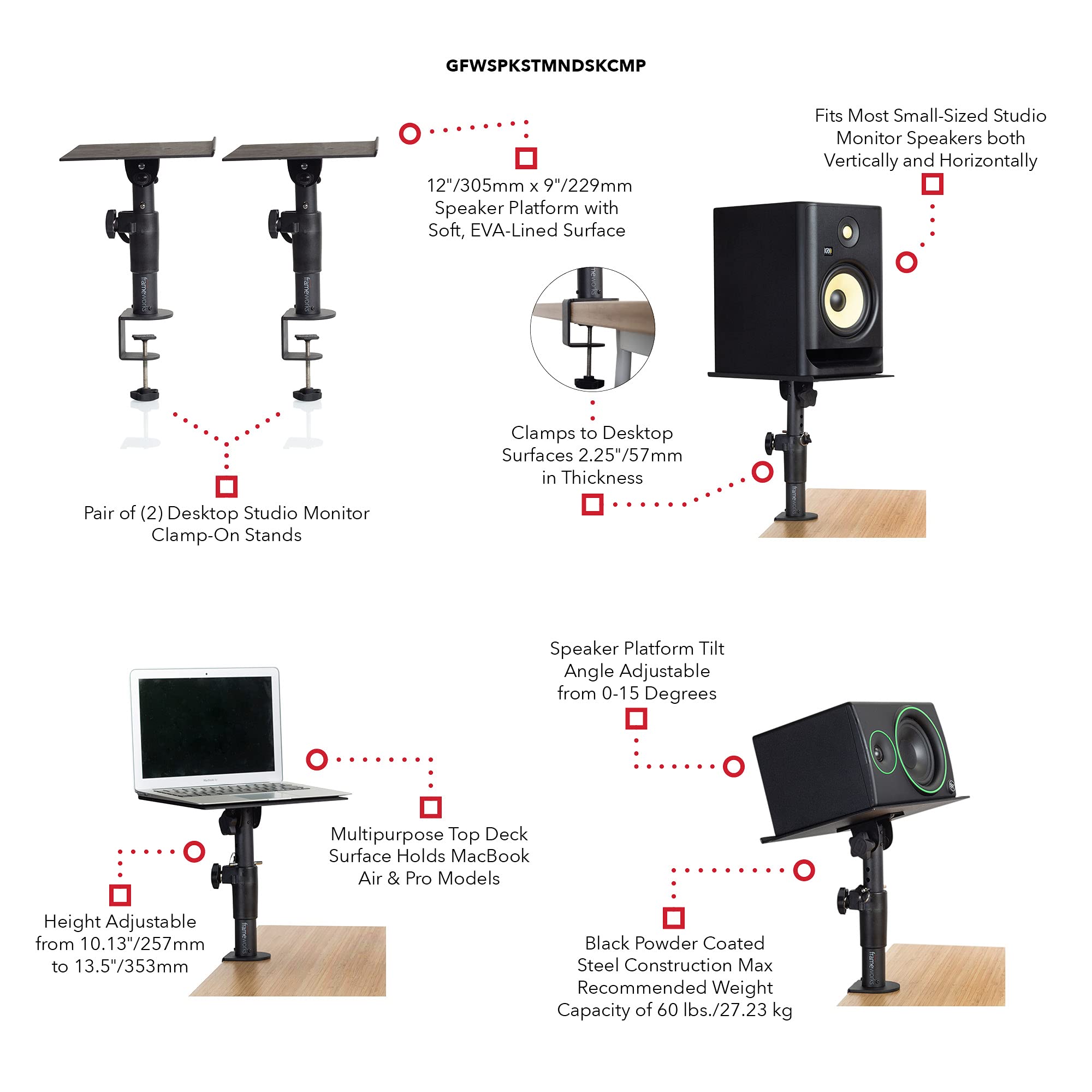 Gator Frameworks Desktop Clamp-On Studio Monitor and Speaker Stand - Set of 2 (GFWSPKSTMNDSKCMP)