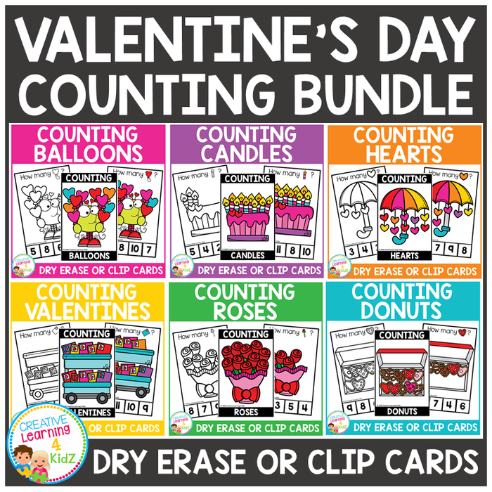 Dry Erase Counting Book/Cards or Clip Cards: VALENTINE'S DAY Bundle