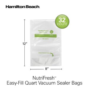 Hamilton Beach Easy-Fill 32 Count One Quart Vacuum Sealer Storage Bags for Food, BPA Free, 12” x 8”, Meal Prep and Sous Vide